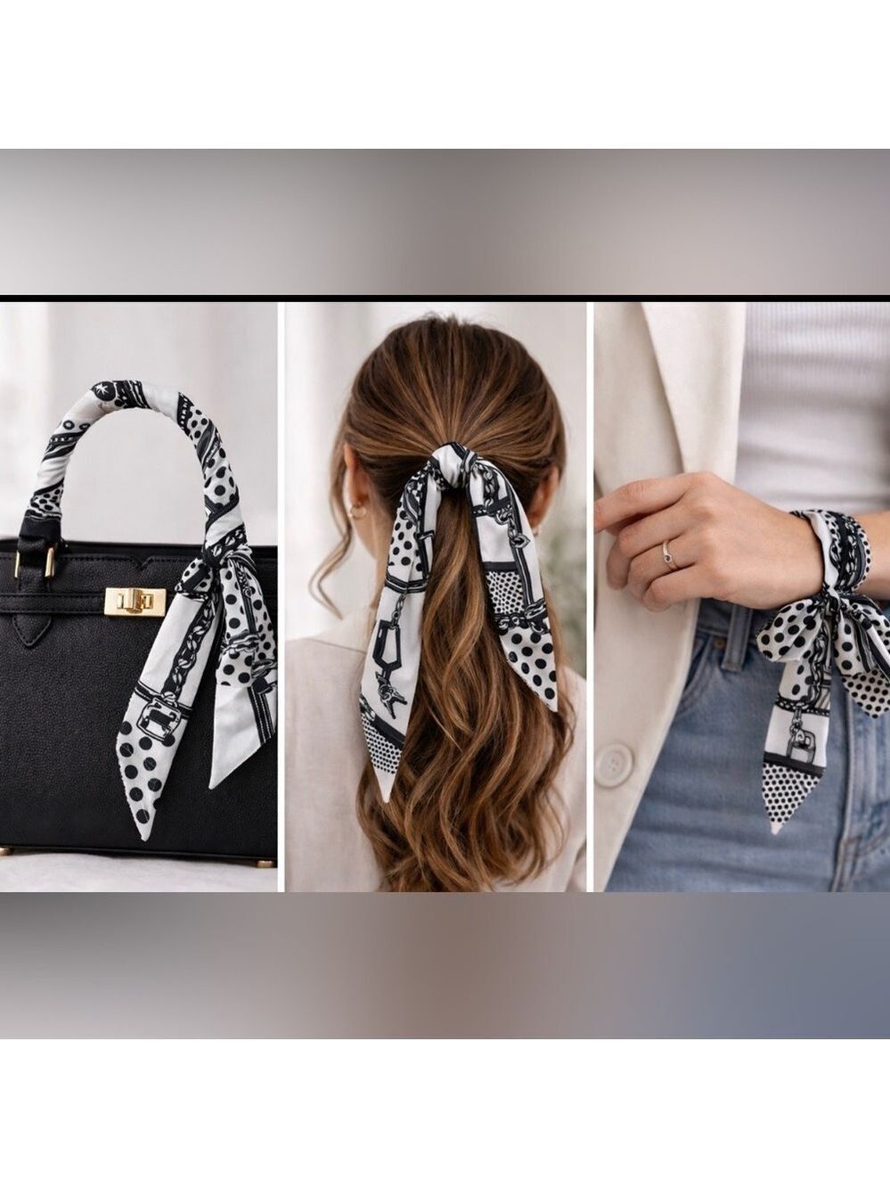 WHITE BLACK POLKA DOT SKINNY SCARF BAG HANDLE WRAP HAIR TIE NECK SCARF BANDEAU